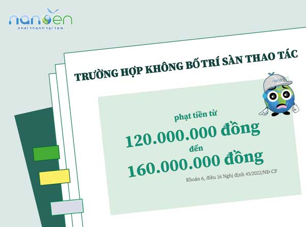 trường hợp không bố trí sàn thao tác đảm bảo an toàn tại vị trí quan trắc nước thải, bụi, khí thải hoặc lỗ quan trắc khí thải sẽ bị phạt tiền từ 120.000.000 đồng đến 160.000.000 đồng.