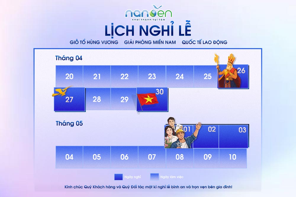 Lịch nghỉ lễ Giỗ Tổ Hùng Vương, Ngày Giải phóng Miền Nam thống nhất đất nước 30/04 và Ngày Quốc tế Lao động 01/05 năm 2026 